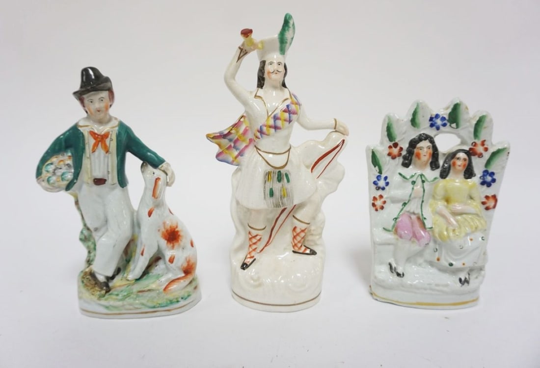 ANTIQUE STAFFORDSHIRE FIGURES: ANTIQUE STAFFORDSHIRE FIGURES, COURTING SCENE, SCOTTISH DANCER & MAN PETTING HIS DOG, APPROXIMATELY 9 IN HIGH