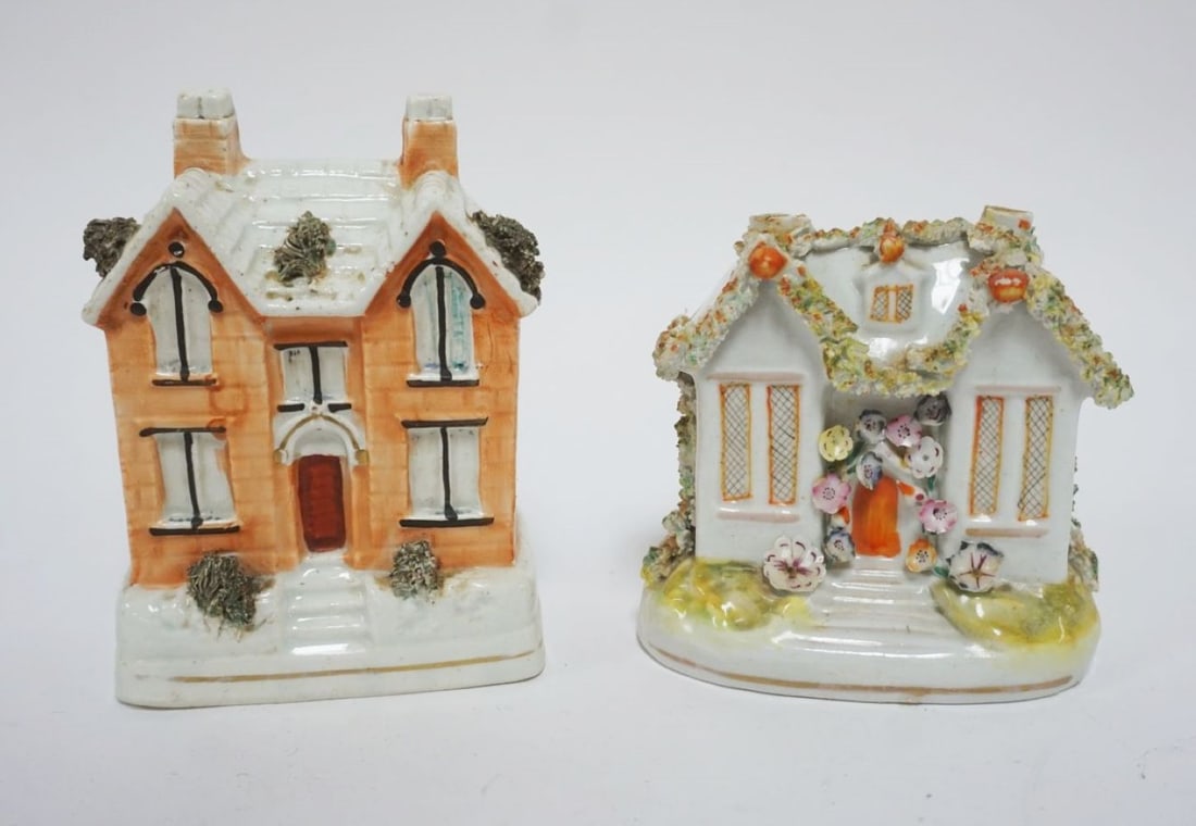 ANTIQUE STAFFORSHIRE: ANTIQUE STAFFORSHIRE HOUSE BANK & INCENSE BURNER, APPROXIMATELY 4 1/2 IN HIGH