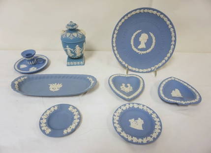 GROUP OF ASSORTED BLUE JASPERWARE: GROUP OF ASSORTED BLUE JASPERWARE INCLUDING COVERED BOLTED URN, NAPPY CANDLESTICK, DISH, SILVER JUBILEE, LARGEST PIECE APPROXIMATELY 8 IN