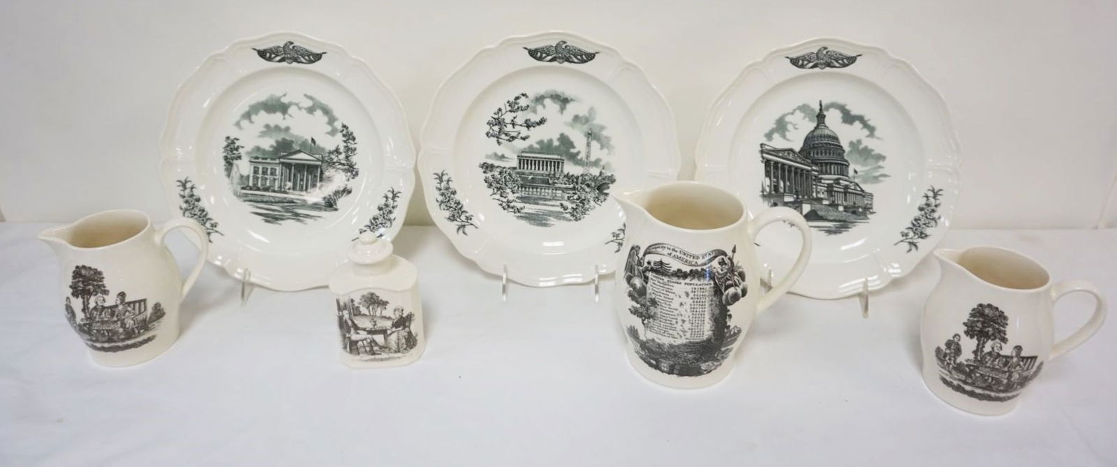 WEDGWOOD AMERICAN INDEPENDENCE, ETC: WEDGWOOD AMERICAN INDEPENDENCE, AMERICAN HERITAGE, METROPOLITAN MUSEUM OF ART, COMEMORATIVE SERIES INCLUDING 3 PITCHERS, COVERED FLASK, 3 CHAS SCHWARTZ & SONS COMEMORATIVE 10 1/4 IN PLATES