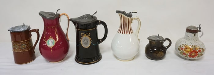 GROUP OF ASSORTED PEWTER LID PITCHERS
