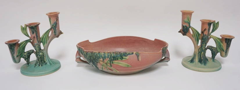 ROSEVILLE POTTERY MOSS PATTERN CONSOLE SET: ROSEVILLE POTTERY MOSS PATTERN CONSOLE SET, BOWL APPROXIMATELY 12 IN X 7.5 IN X 3.5 IN