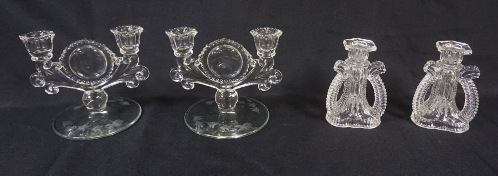 ASSORTED CANDELABRAS: ASSORTED CANDELABRAS INCLUDING PADEN CITY ELEGANT GLASS & FEDERAL GLASS CANDLESTICKS, TALLEST APPROXIMATELY 6 IN HIGH