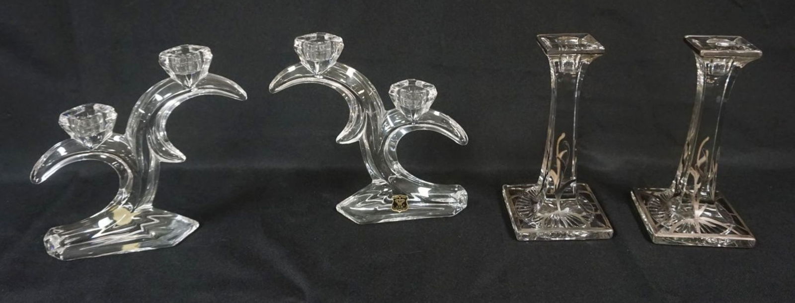 GOLDEN CROWN LEAD CRYSTAL CANDELABRAS: GOLDEN CROWN LEAD CRYSTAL CANDELABRAS & SILVER OVERLAY CNADLESTICKS, TALLEST APPROXIMATELY 7 IN HIGH