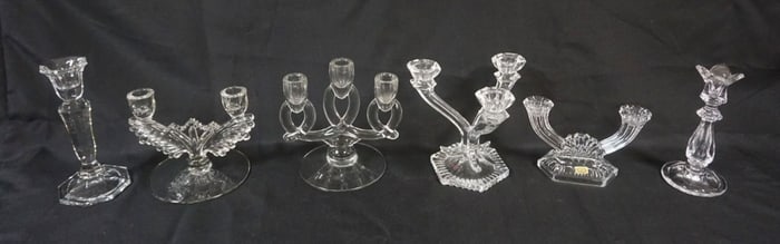 GROUP OF ASSORTED GLASS CANDELABRAS & CANDLESTICKS