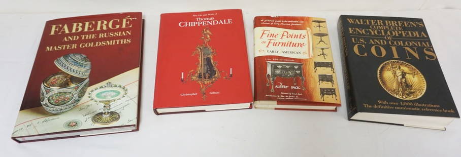 GROUP OF ASSORTED REFERENCE BOOKS: GROUP OF ASSORTED REFERENCE BOOKS, FABERGE, THOMAS CHIPPENDALE, SACKS FINEPOINTS OF FURNITURE & US COINS, LARGEST APPROXIMATELY 13 1/8 IN X 10 1/4 IN