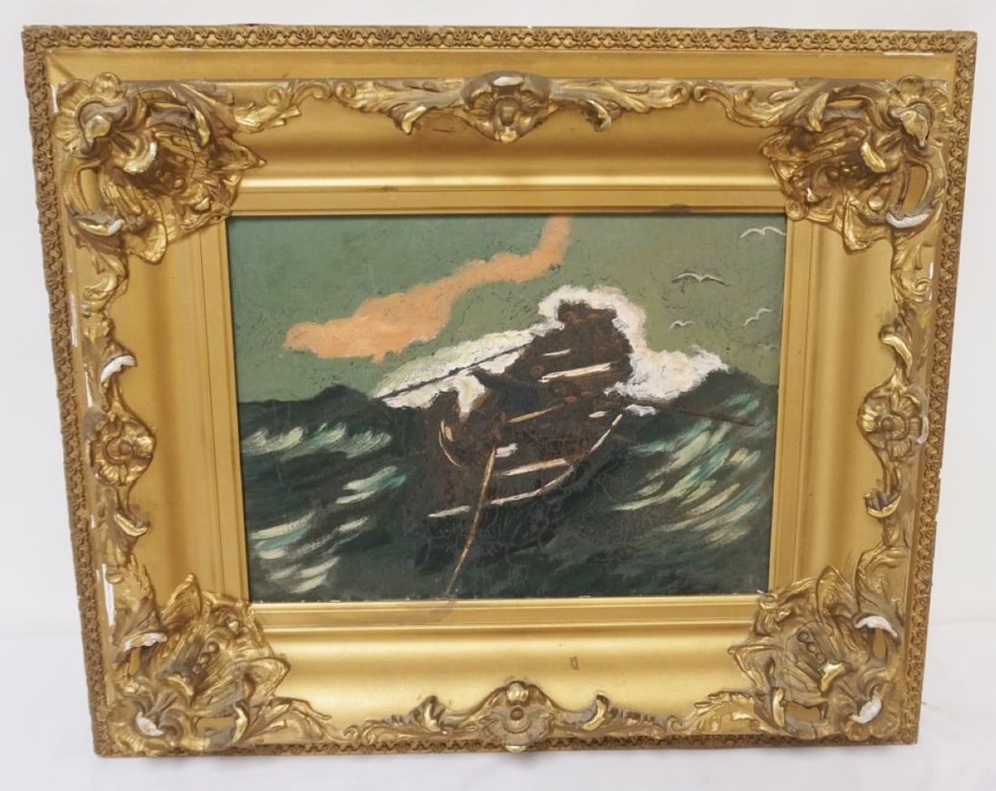 ANTIQUE OIL PAINTING ON CANVAS: ANTIQUE OIL PAINTING ON CANVAS, BOAT AT SEA, APPROXIMATELY 19 IN X 16 IN OVERALL