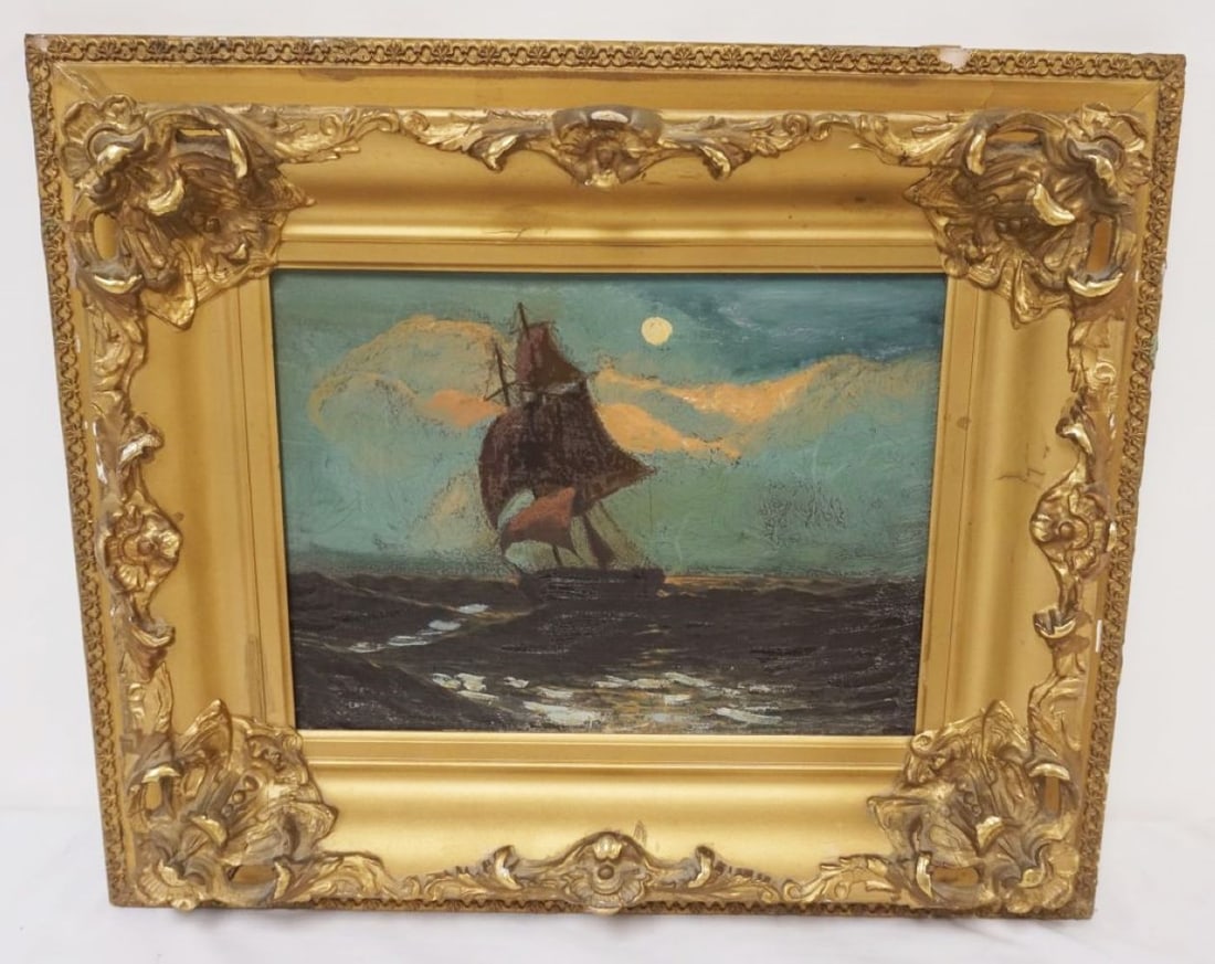 ANTIQUE OIL PAINTING ON CANVAS: ANTIQUE OIL PAINTING ON CANVAS, SHIP SAILING ON MOONLIT NIGHT, APPROXIMATELY 19 IN X 16 IN OVERALL