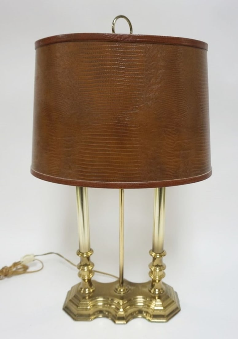 BRASS BOUILLOTTE LAMP: BRASS BOUILLOTTE TABLE LAMP, APPROXIMATELY 12 IN X 7 IN X 25 IN H