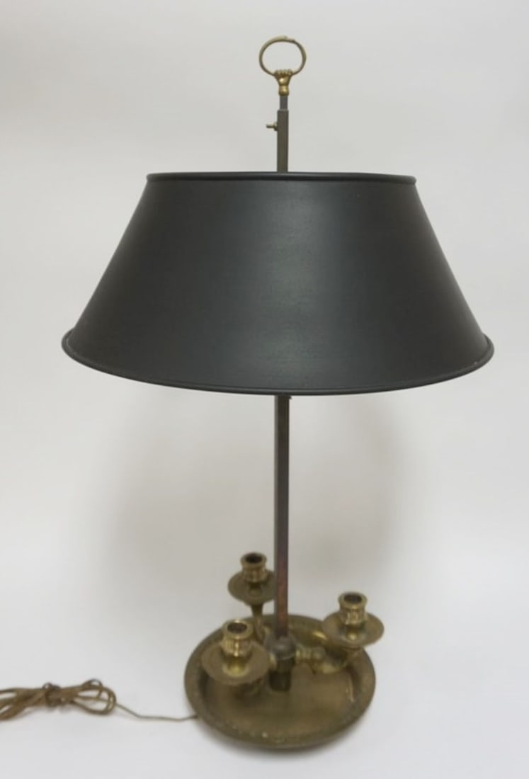 BRASS BOUILLOTTE LAMP: BRASS BOUILLOTTE TABLE LAMP, ADJUSTABLE WITH TIN SHADE, APPROXIMATELY 25 IN H