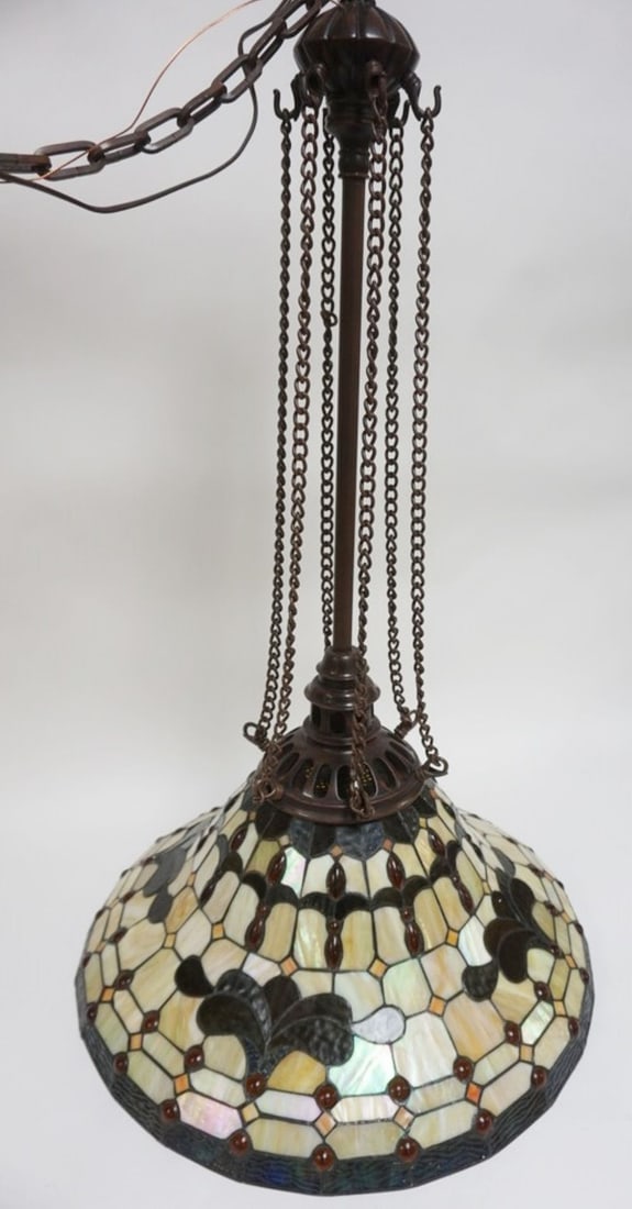 TIFFANY STYLE STAIN GLASS HANGING DOME: LARGE TIFFANY STLE STAIN GLASS HANGING BELL SHAPED DOME, APPROXIMATELY 23 IN X 40 IN