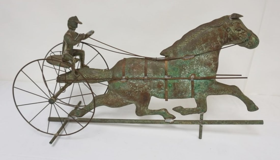 COPPER WEATHER VANE: COPPER WEATHER VANE, HORSE & SULKY, APPROXIMATELY 36 IN X 10 IN X 19 IN H
