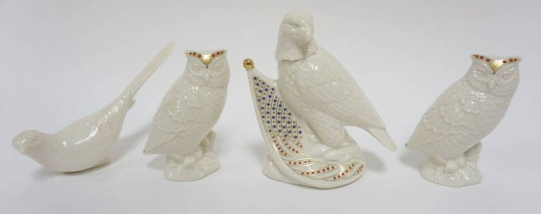 LENOX CHINA JEWELS COLLECTION FIGURES: LENOX CHINA JEWELS COLLECTION CA 1990S, GROUP OF 4 FIGURES INCLUDING OWLS, AMERICAN EAGLE WITH FLAG AND GREEN MARKED DOVE, TALLEST APPROXIMATELY 6 IN H