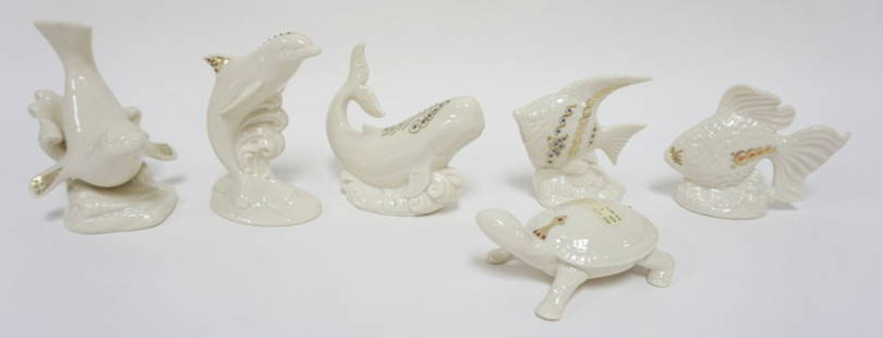 LENOX CHINA JEWELS COLLECTION FIGURES: LENOX CHINA JEWELS COLLECTION CA 1990S, GROUP OF 6 FIGURES INCLUDING DOLPHINS, SEAL, FISH AND TURTLES, TALLEST APPROXIMATELY 6 IN H