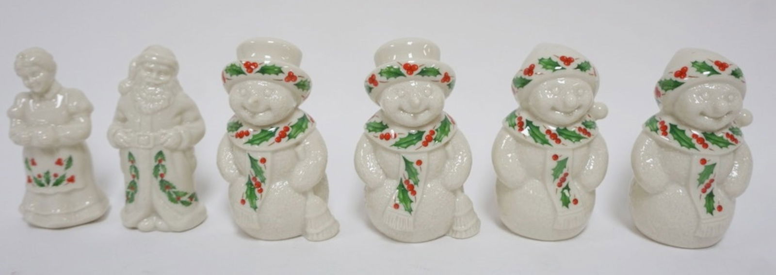 LENOX CHINA JEWELS COLLECTION FIGURES: LENOX CHINA JEWELS COLLECTION CA 1990S, GROUP OF 6 SALT AND PEPPER SHAKER FIGURES , INCLUDING SNOWMEN, SANTA AND MRS CLAUS TALLEST APPROXIMATELY 5 IN H
