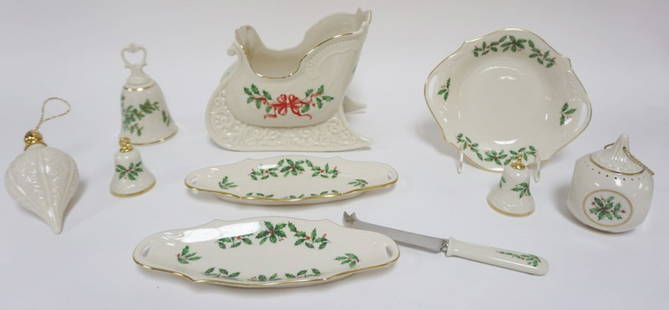 LENOX CHINA HOLIDAY ASSORTMENT: LENOX CHINA, HOLIDAY ASSORTMENT INCLUDING SLEIGH, BELLS, ORNAMENTS, SNACK DISHES, TALLEST APPROXIMATELY 8 IN H