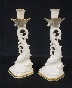 LENOX CHINA DOLPHIN CANDLESTICKS: LENOX CHINA,DOLPHIN CANDLESTICKS, 24K HAND DECORATED, APPROXIMATELY 10 IN H