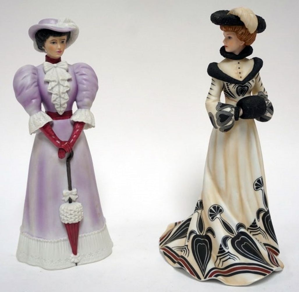 LENOX COLLECTIONS FIGURES: LENOX COLLECTIONS LADY FIGURES WITH *TEA AT THE RITZ* AND *LENOX GIBSON GIRLS STROLLING THROUGH THE FAIR*, TALLEST APPROXIMATELY 9 IN H