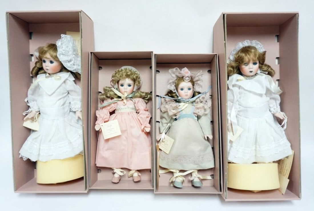 LENOX GALLERY OF GIFTS CHINA DOLLS: LENOX GALLERY OF GIFTS CHINA DOLLS, 4 INCLUDING AMY, REBECCA AND JENNIFER, TALLEST APPROXIMATELY 18 IN H