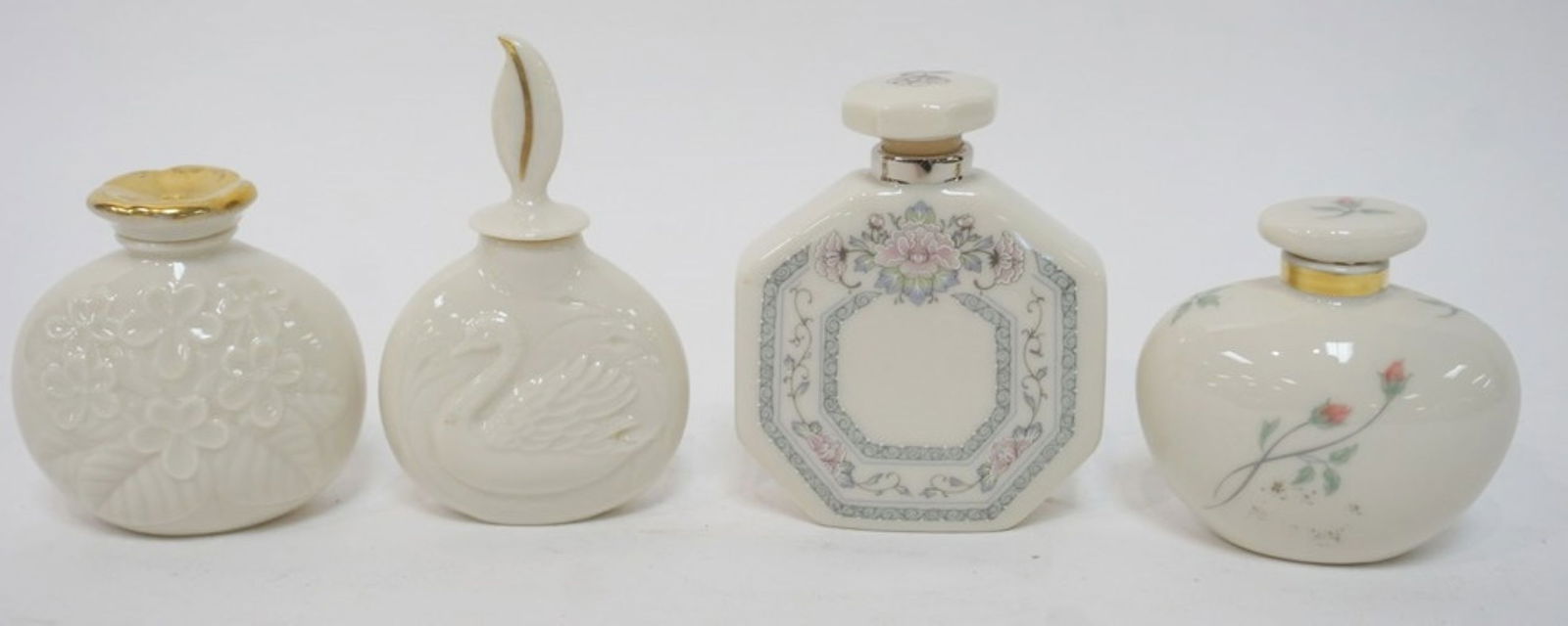 LENOX CHINA PERFUMES: LENOX CHINA FRAGANCE COLLECTION PERFUMES, 4 ASSORTED GOLD WREATH MARKED, APPROXIMATELY 4 1/4 IN H
