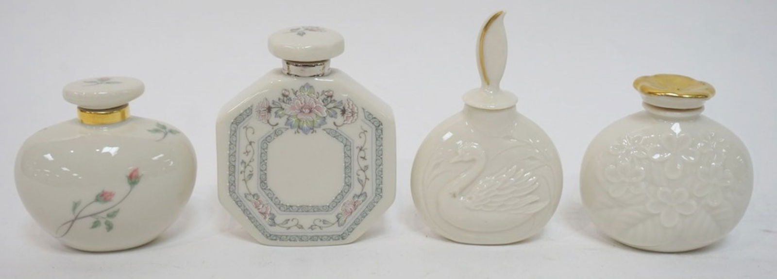 LENOX CHINA PERFUMES: LENOX CHINA FRAGANCE COLLECTION PERFUMES, 4 ASSORTED GOLD WREATH MARKED, APPROXIMATELY 4 1/4 IN H