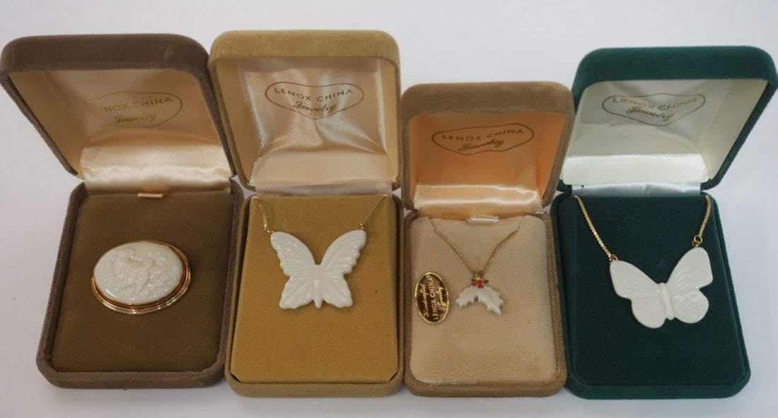 LENOX CHINA JEWELRY: LENOX CHINA JEWELRY INCLUDING 3 NECKLACES AND A PIN, 14K GOLD FILLED