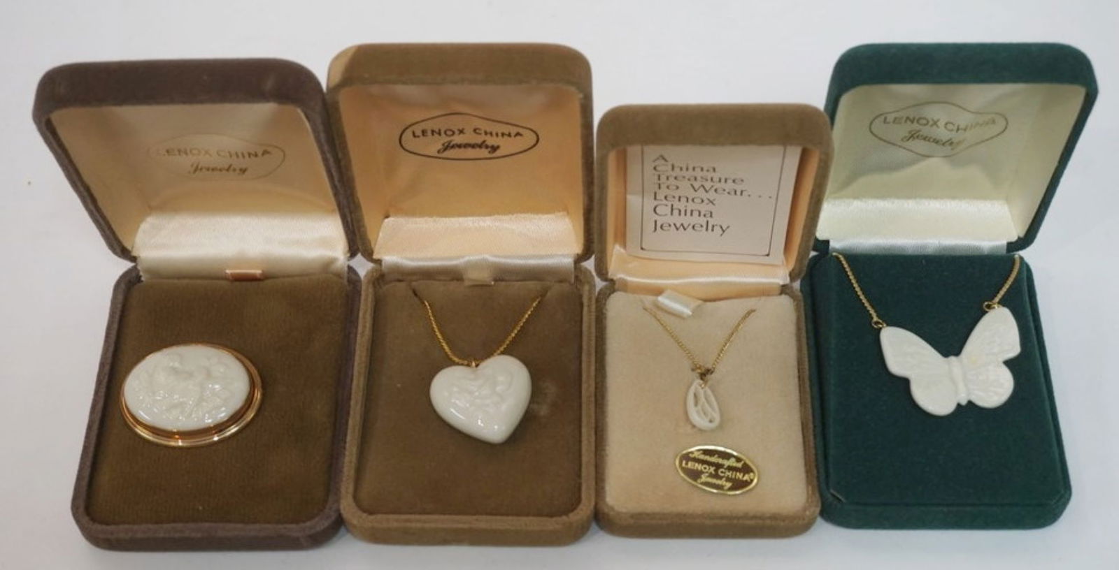 LENOX CHINA JEWELRY: LENOX CHINA JEWELRY INCLUDING 3 NECKLACES AND A PIN, 14K GOLD FILLED