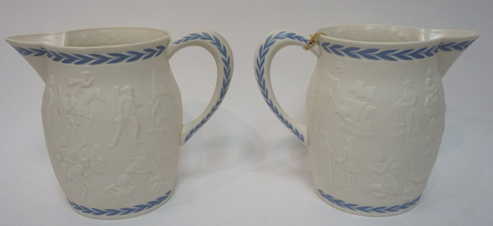 LENOX BISQUE PATRIOTS PITCHER: LENOX BISQUE PATRIOTS PITCHERS BY LASZLO ISPANKY, EACH 9 1/4 IN H