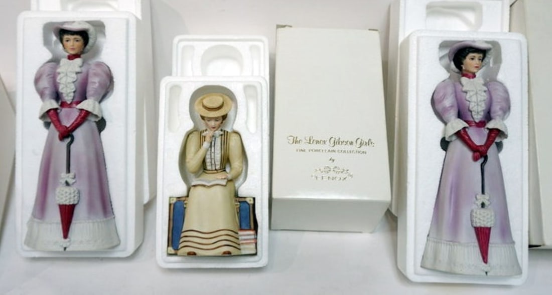 LENOX GIBSON GIRL DOLLS: LENOX GIBSON GIRL DOLLS *RETURNING TO COLLEGE* & *STROLLING THROUGH THE FAIR* TALLEST APPROXIMATELY 8 1/4 IN HIGH