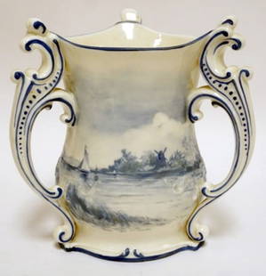 AMERICAN BELLEEK DELFT LOVING CUP: AMERICAN BELLEEK CERAMIC ART COMPANY DELFT 3 HANDLE LOVING CUP, APPROXIMATELY 7 1/2 IN H