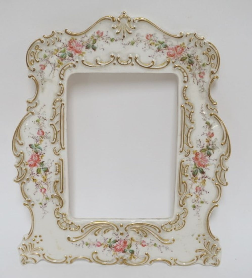 AMERICAN BELLEEK FLORAL FRAME: AMERICAN BELLEEK CERAMIC ART COMPANY HAND PAINTED FLORAL FRAME, APPROXIMATELY 7 IN X 9 IN