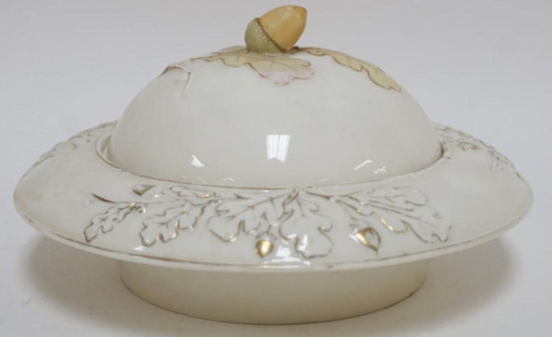 OTT & BREWER AMERICAN BELLEEK COVERED DISH: OTT & BREWER AMERICAN BELLEEK ACORN COVERED DISH, APPROXIMATELY 8 IN X 5 IN