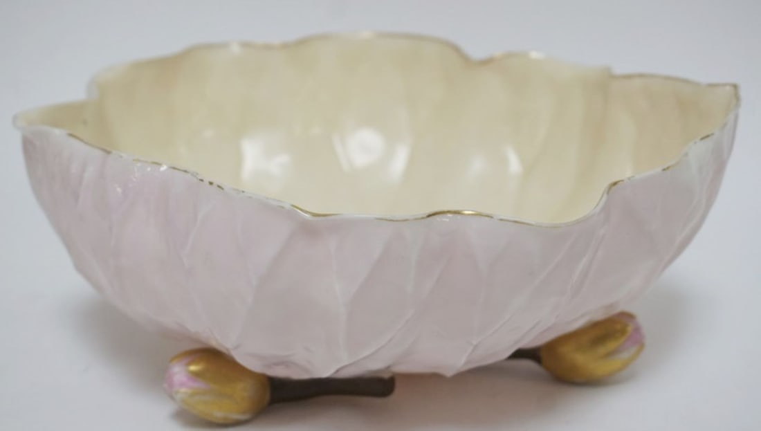 OTT & BREWER AMERICAN BELLEEK LEAF BOWL: OTT & BREWER AMERICAN BELLEEK LEAF BOWL, LAVENDER EXTERIOR, APPROXIMATELY 8 1/2 IN X 8 IN X 3 3/4 IN