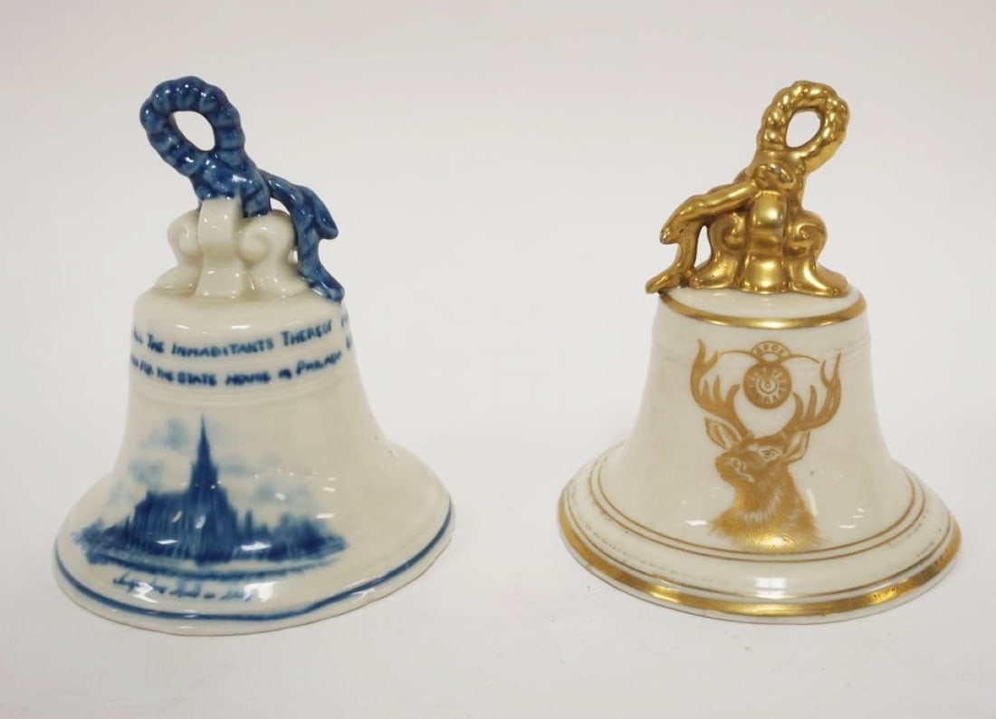 AMERICAN BELLEEK BELLS: AMERICAN BELLEEK CAP COLUMBIAN ART POTTERY BLUE LIBERTY BELL & ELKS BELL, EACH APPROXIMATELY 4 IN HIGH