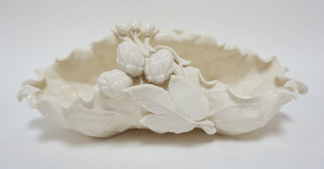 AMERICAN BELLEEK LEAF SHAPED BOWL: AMERICAN BELLEEK LEAF SHAPED BOWL W/TWIG HANDLE, UNMARKED, APPROXIMATELY 12 IN X 6 IN X 5 IN HIGH