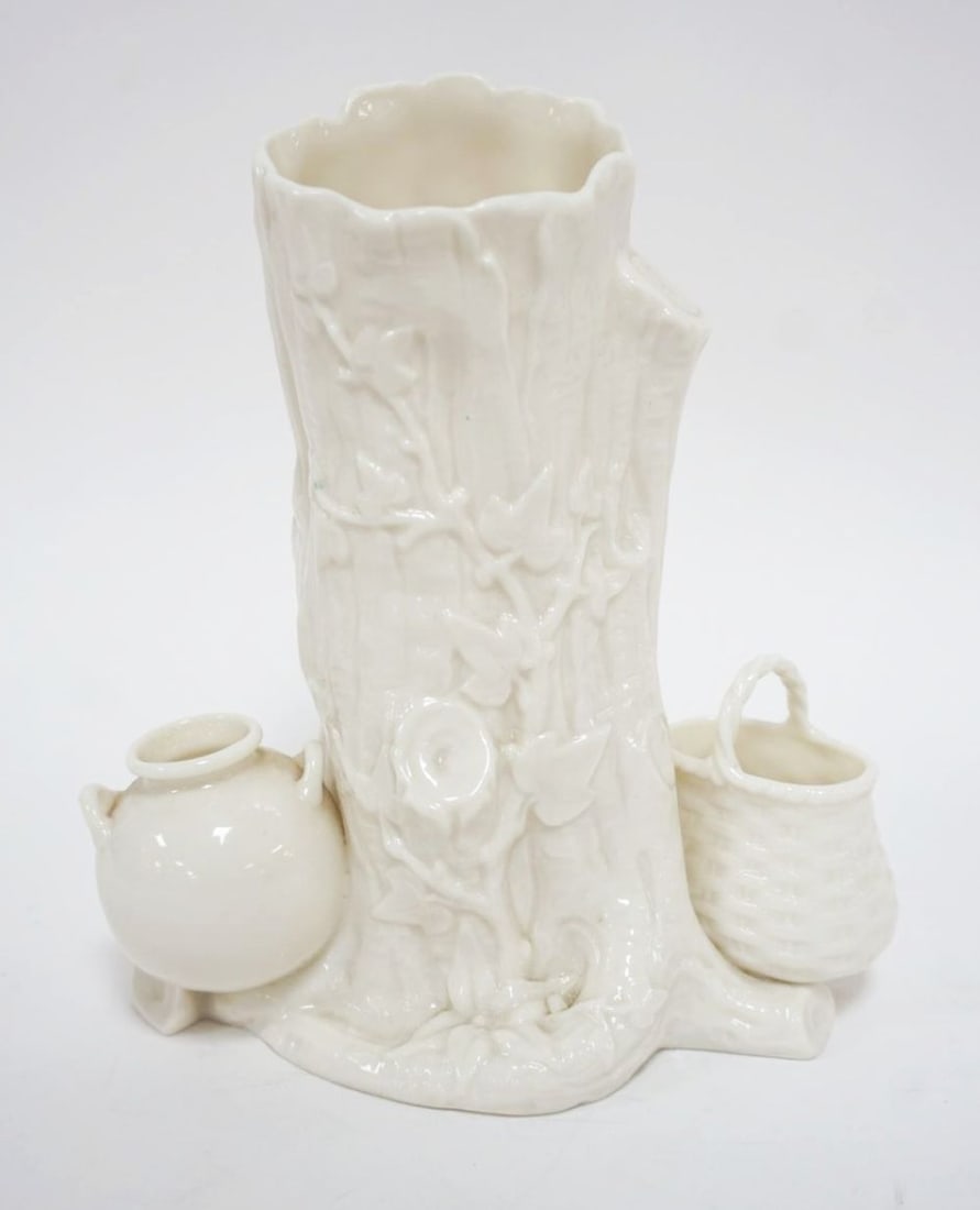 AMERICAN BELLEEK TRUNK VASE: AMERICAN BELLEEK TRUNK VASE W/BASKET & VESSLE AT BASE, APPROXIMATELY 7 IN HIGH