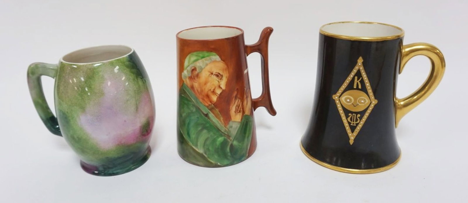 3 AMERICAN BELLEEK MUGS: 3 AMERICAN BELLEEK HAND PAINTED MUGS, ONE MADE BY THEODORE B STAR NY, TALLEST APPROXIMATELY 6 IN