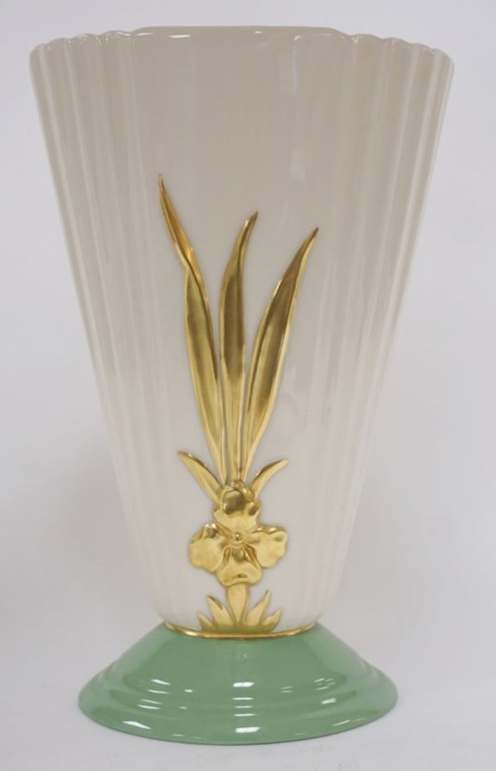 LENOX FAN SHAPED VASE: LENOX FAN SHAPED VASE HAVING A GREEN BASE & EMBOSSED GILT FLOWER & LEAVES, DECORATED ON BOTH SIDES, APPROXIMATELY 3 1/2 IN X 6 1/2 IN X 10 IN HIGH