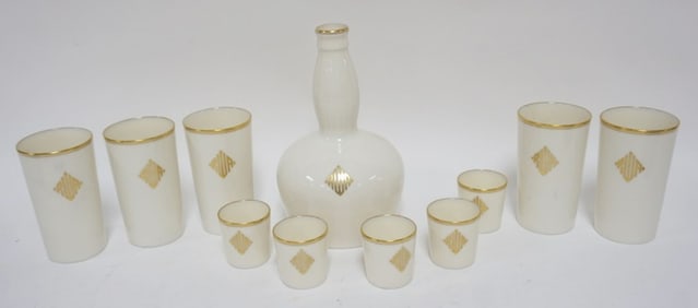 LENOX GREEN MARK DECANTOR W/5 GLASSES & 5 TUMBLERS