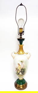 LARGE HAND PAINTED TABLE LAMP: LARGE HAND PAINTED TABLE LAMP W/IMAGE OF WOMAN IN GARDEN & FLOWERS ON REVERSE, APPROXIMATELY 19 1/2 IN OVERALL