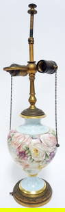 HAND PAINTED FLORAL TABLE LAMP: HAND PAINTED FLORAL TABLE LAMP, APPROXIMATELY 22 IN OVERALL