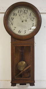 ANTIQUE WALL CLOCK IN OAK CASE: ANTIQUE WALL CLOCK IN OAK CASE, FOR PARTS OR RESTORATION, APPROXIMATELY 36 IN HIGH