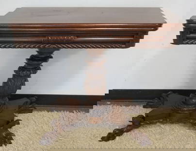 EMPIRE MAHOGANY GAME TABLE: EMPIRE MAHOGANY CARVED PAW FOOT GAME TABLE, APPROXIMATELY 36 IN X 18 IN X 30 IN H CLOSED, OPEN 36 IN SQ