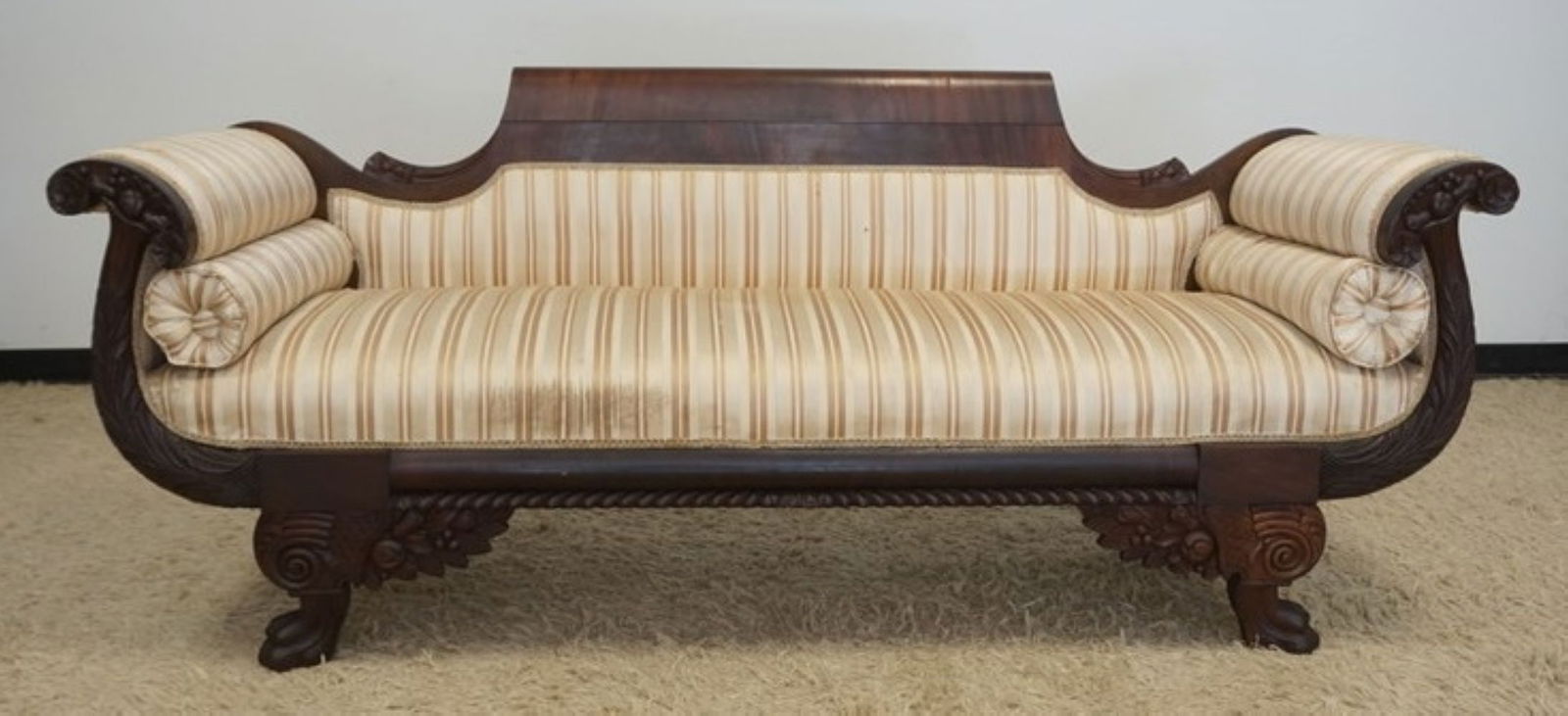 ANTIQUE CARVED FEDERAL SOFA: ANTIQUE CARVED PAW FOOT FEDERAL SOFA, APPROXIMATELY 79 IN X 25 IN X 33 IN H