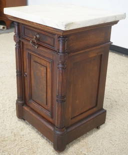 VICTORIAN WALNUT MARBLE TOP STAND: VICTORIAN WALNUT MARBLE TOP STAND, HAVING 1 DRAWER AND 1 BURL PANELED DOOR, APPROXIMATELY 22 IN X 20 IN X 33 IN H