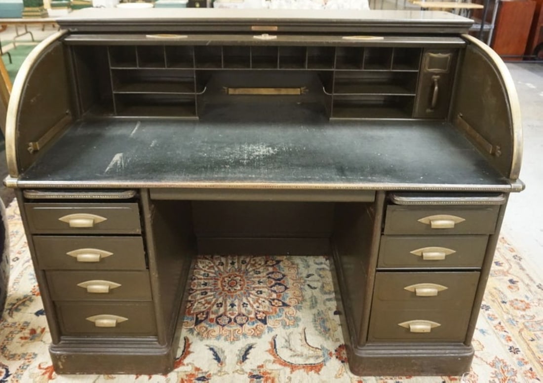 ART METAL CONSTRUCTION CO DESK: METAL OFFICE DESK WITH TAMBOR SLIDE BY THE *ART METAL CONSTRUCTION CO., APPROXIMATELY 60 IN X 36 IN X 46 IN H