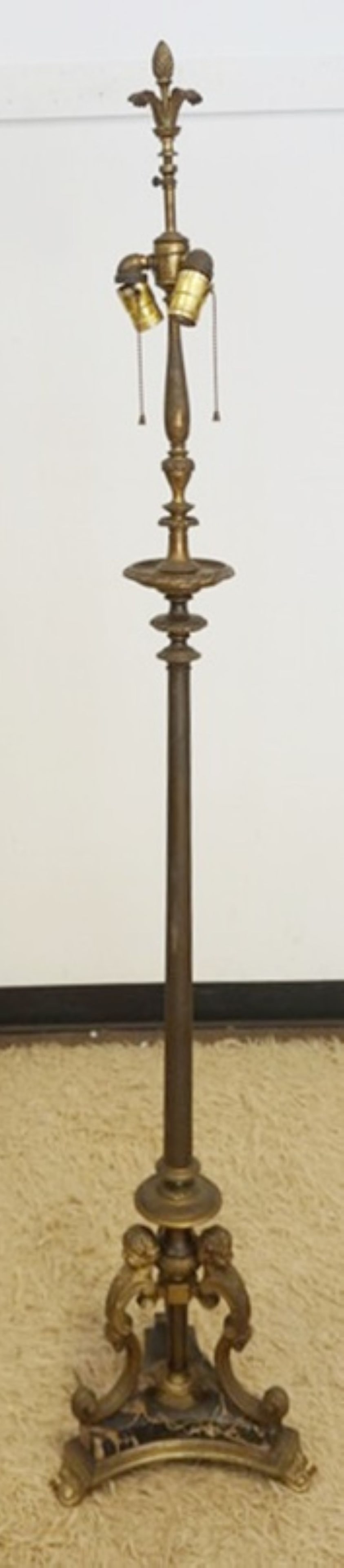 METAL FLOOR LAMP: METAL FLOOR LAMP WITH MARBLE AND METAL CHERUBS ON BASE, APPROXIMATELY 67 IN H