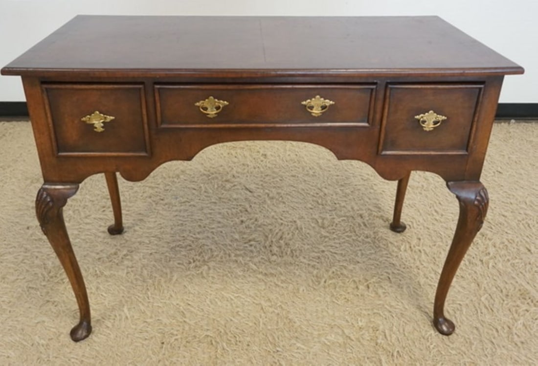 ENGLISH BURL WOOD WRITING TABLE: ENGLISH BURL WOOD 3 DRAWER WRITING STAND, APPROXIMATELY 45 IN X 22 IN X 33 IN H