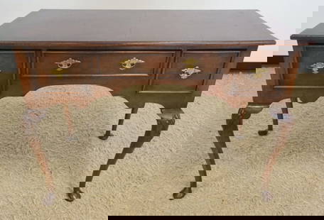 ENGLISH BURL WOOD WRITING TABLE: ENGLISH BURL WOOD 3 DRAWER WRITING STAND, APPROXIMATELY 45 IN X 22 IN X 33 IN H
