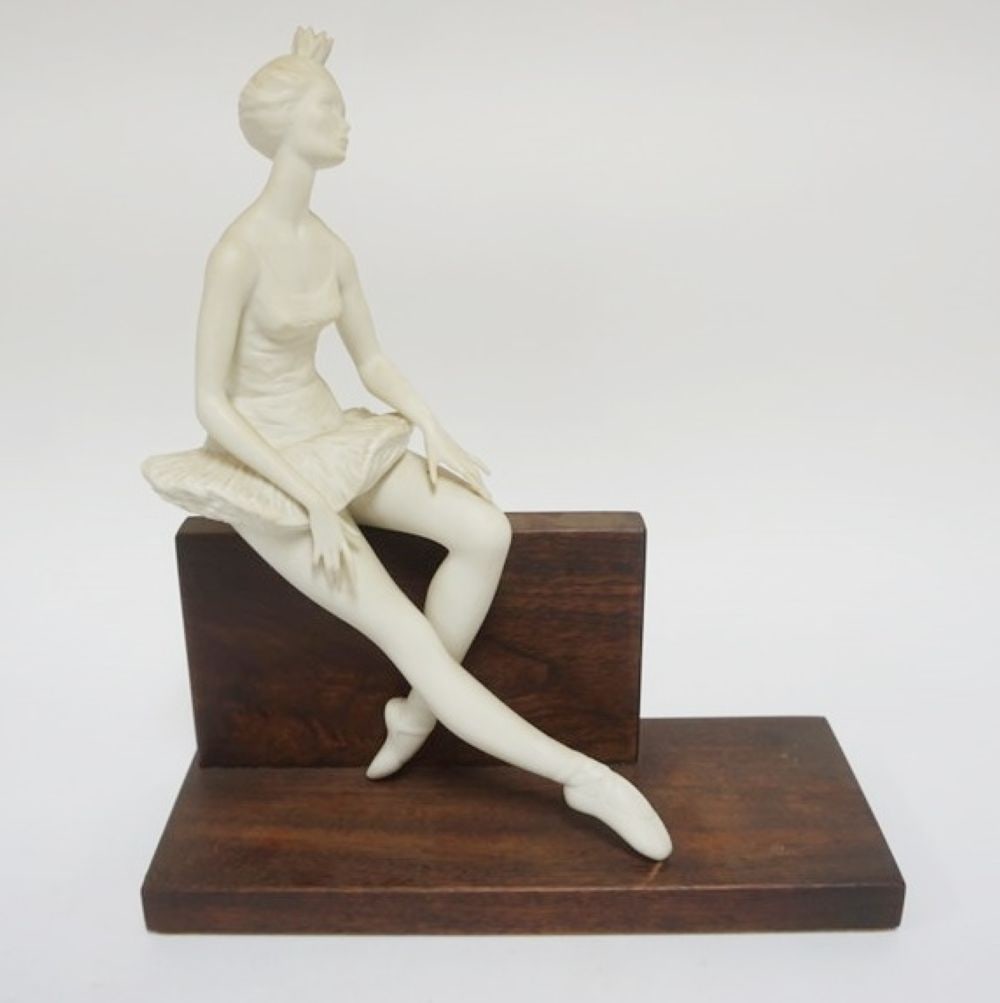 CYBIS BISQUE ON-CUE BALLERINA: CYBIS BISQUE *ON-CUE* BALLERINA MOUNTED ON WOOD BASE, APPROXIMATELY 13 IN H